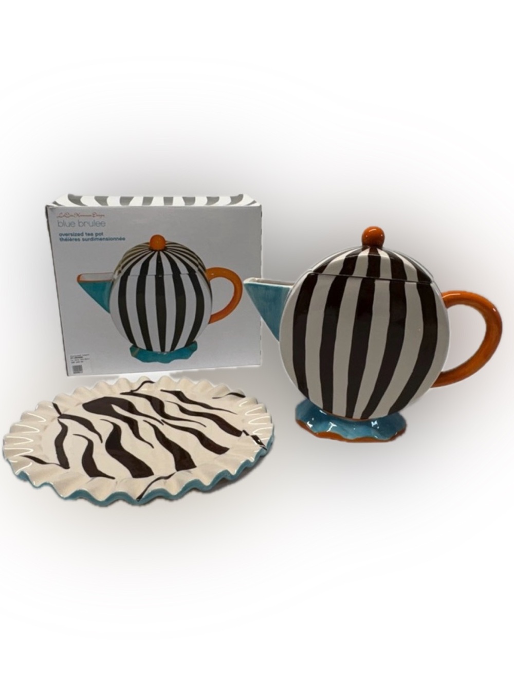 RARE La Côte Blue Brûlée Set: Oversized Teapot (NIB) Matching Ruffled PlatterNEW